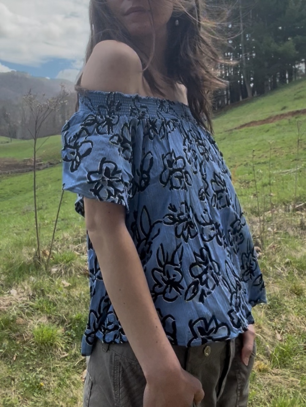 Lush Blue Off-Shoulder Smocked Blouse, Black Floral Print- Like New, Small, Y2K